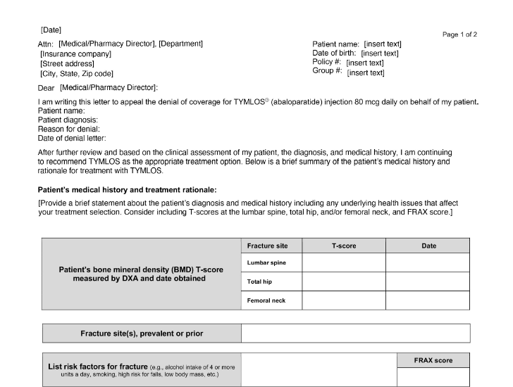 Preview of the sample letter of appeal for denied TYMLOS coverage