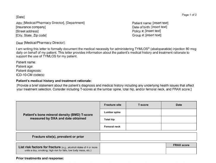 Preview of the sample letter of medical necessity for TYMLOS coverage support