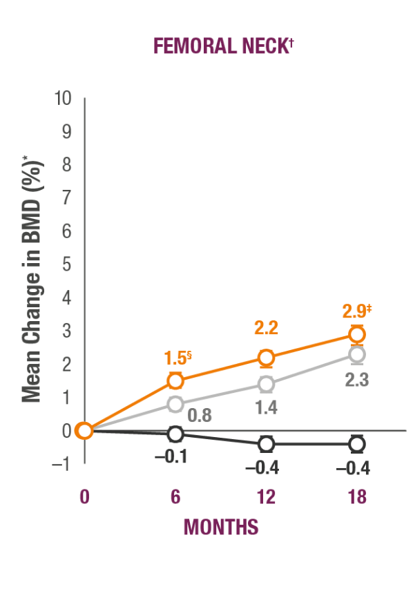 Mobile line graph showing bone mineral density change over time at lumbar spine, total hip, and femoral neck