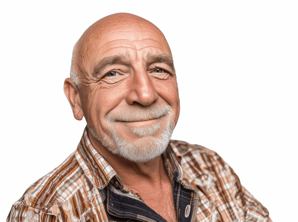 A close-up portrait of a smiling bald man with a graying goatee and blue eyes, wearing a brown and white plaid shirt against a white background.