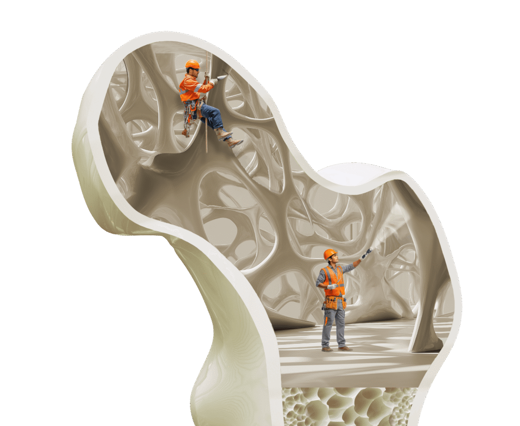 Construction worker in orange safety gear climbing inside a massive, organic, bone-like architectural sculpture made of porous white material