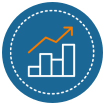 Icon of a blue circular badge with a dashed border containing a bar chart with rising orange trend line and upward arrow, representing growth, improvement, or positive progress in data