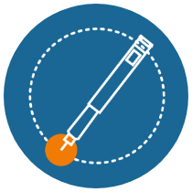 Icon of a blue circular badge with dashed border containing a white subcutaneous injection pen angled downward with an orange drop or dose indicator at the tip, representing a medical autoinjector or once-daily injection device