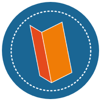 Icon of a blue circular badge with dashed border containing an open orange book or brochure, representing reading, information, brochure, or educational material