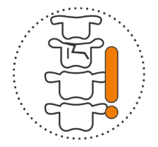 A minimalist medical warning icon on a solid black background, featuring a stylized side-view silhouette of the human spine (five vertebral segments shown in gray outline) arranged in a vertical column. A large vertical orange exclamation mark (!) is overlaid prominently on the right side of the spine, intersecting the vertebrae, with a smaller solid orange dot positioned below it at the base. The entire design is enclosed within a thin dashed white circular border, creating a high-contrast, attention-grabbing alert symbol likely related to spinal issues, back pain, injury, or urgent orthopedic/medical concern.