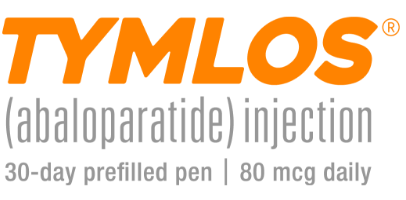 TYMLOS® (abaloparatide) injection logo: The word "TYMLOS" in large, bold uppercase orange letters with a registered trademark symbol (®) superscripted, followed by "(abaloparatide) injection" in smaller gray uppercase text below. Additional details include "30-day prefilled pen" and "80 mcg daily" in gray text at the bottom, all set against a solid black background.