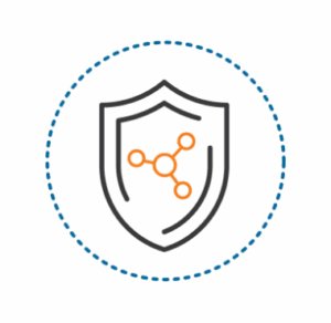 Icon of a shield with an orange molecular or share/network structure (three connected nodes) inside a dotted blue circle, representing protection, security, or safeguarded sharing in science/medicine
