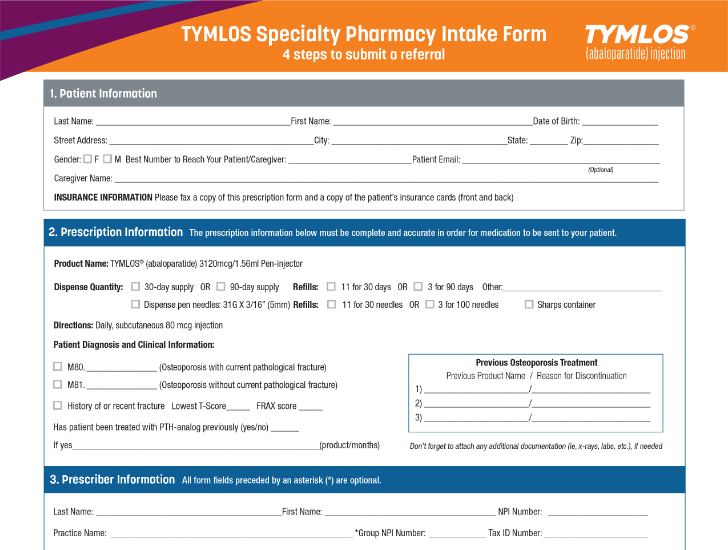 Preview of the form to fill out and fax directly to a specialty pharmacy that dispenses TYMLOS.