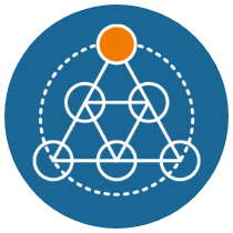 An icon of a central orange circle at the top, connected by a dashed white outline circle that encloses a geometric network of six white circles arranged in a triangular formation.