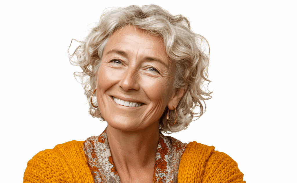Smiling mature woman with shoulder-length wavy white hair, warm blue eyes, natural smile lines, wearing gold hoop earrings and a textured mustard-yellow knit cardigan over a patterned top