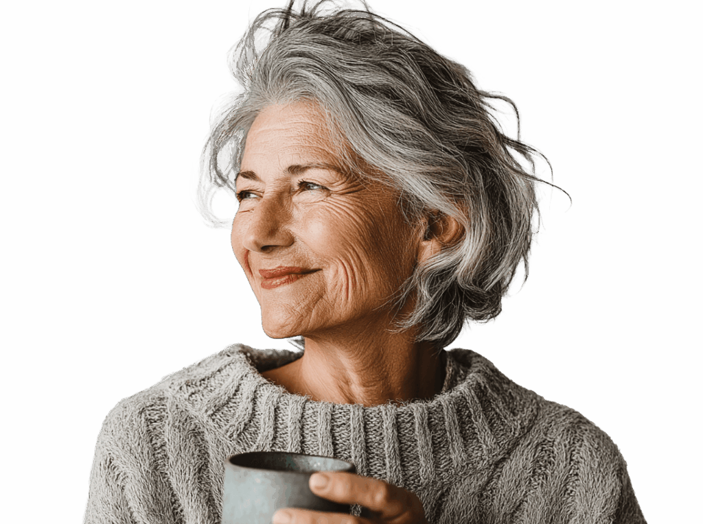 Content senior woman with silver-gray wavy hair, gentle smile and laugh lines, holding a mug, wearing a textured gray knit sweater, looking thoughtfully upward with a warm, content expression